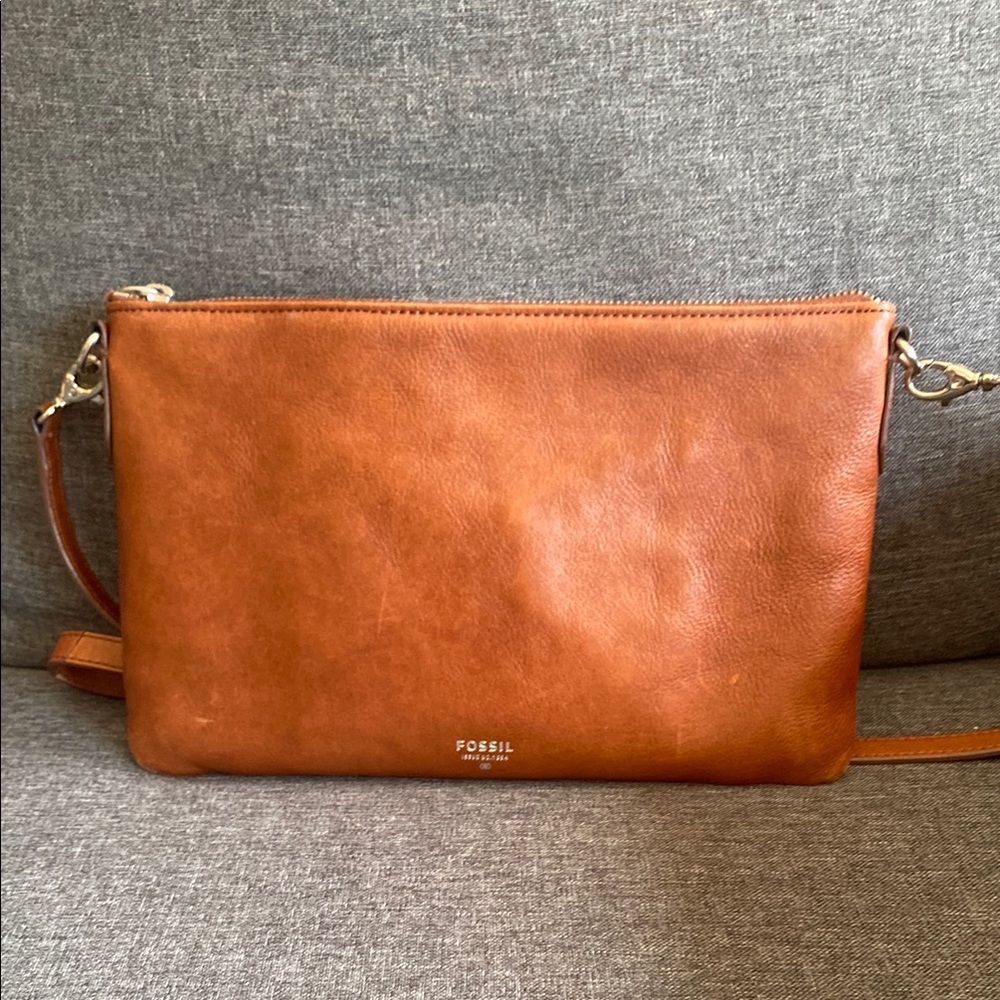 Fossil Cognac Brown Leather Crossbody Clutch